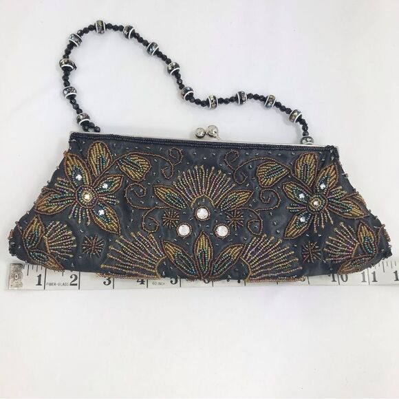 Apt. 9 Black Satin Beaded Floral Sparkle Bead Handle Mini Evening Bag - Picture 13 of 16
